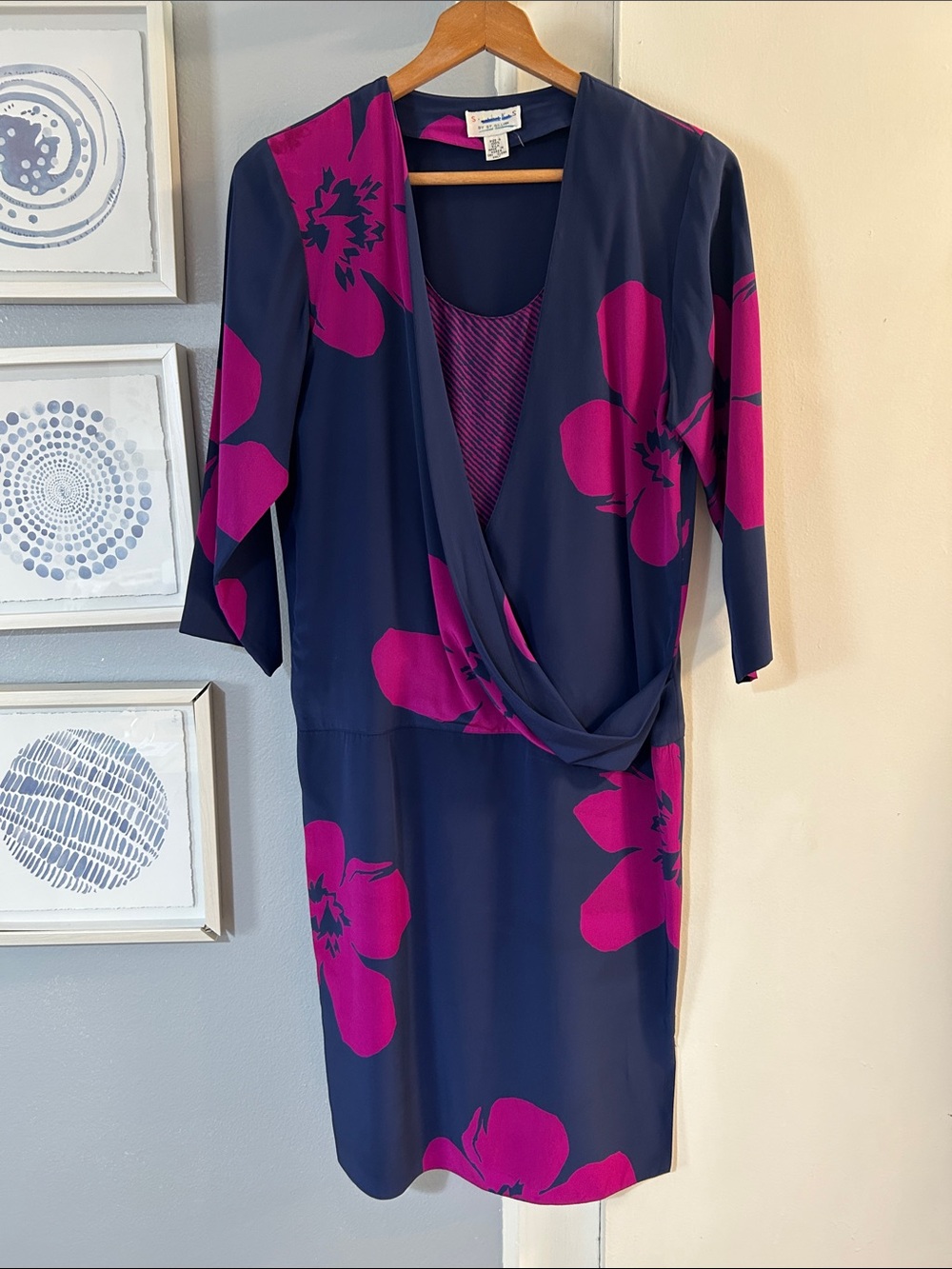 Vintage Silks by St. Gillian Navy & Magenta Floral Wrap-Front Women’s Dress Sz 4